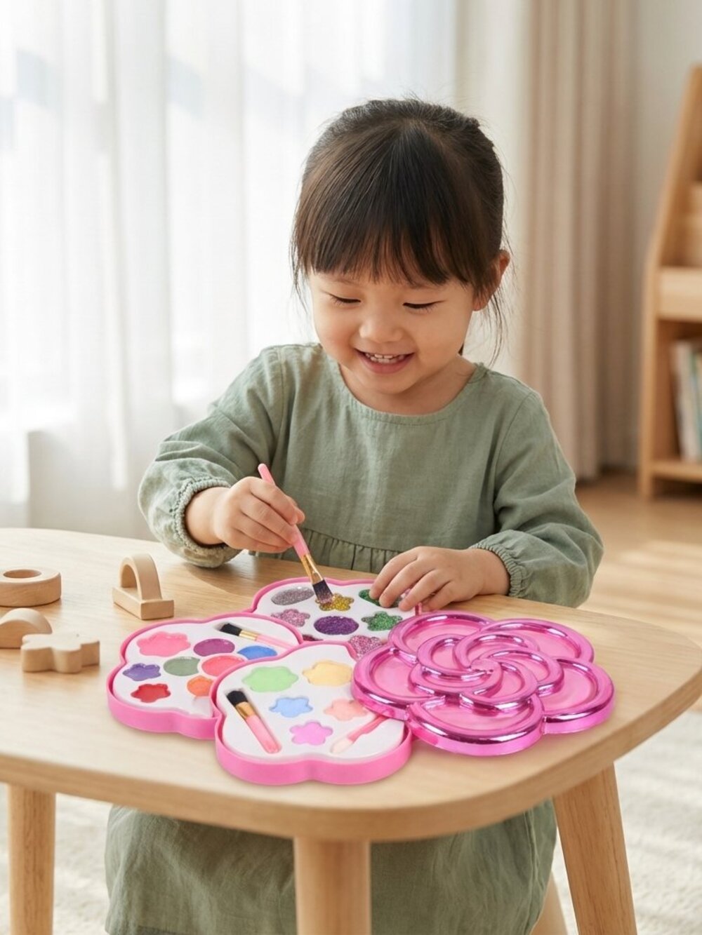 Kids Pretend Makeup Kit, Flower Cosmetic Play Set with Mirror for Dress Up - Picture 2 of 10